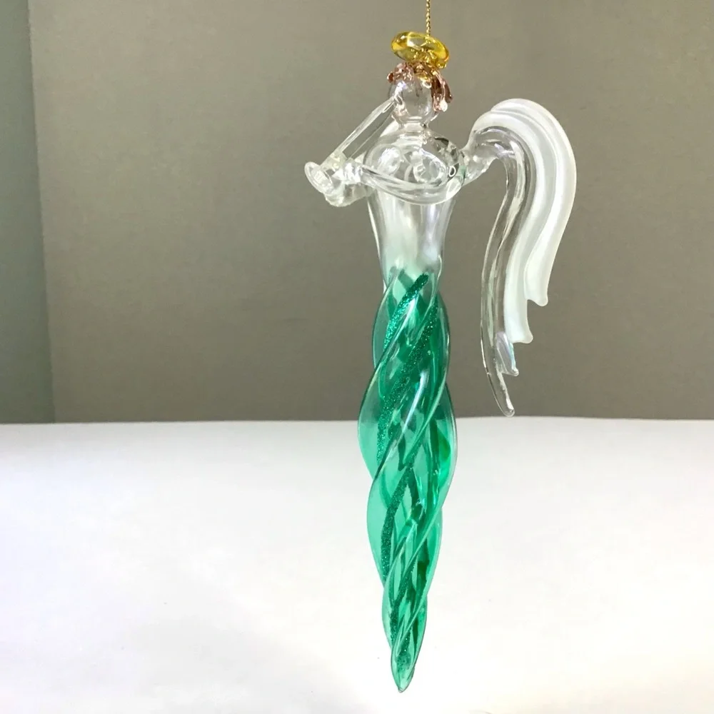 Angel Icicle Christmas Ornament Green Glitter Twisted Swirl Acrylic Wings Horn
